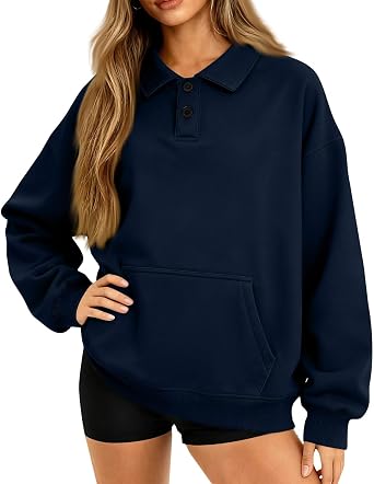 Women's Casual Sweatshirt Trendy Long Sleeve Polo Collar Hoodies Lightweight Loose Soild Button Pullover Tops