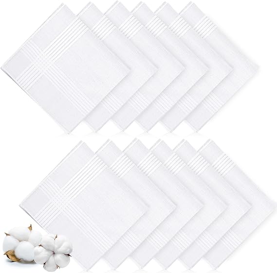 12 Pcs Handkerchiefs for Men, 100% Soft Cotton White Men's Handkerchiefs, Large Classic Hankies for Men