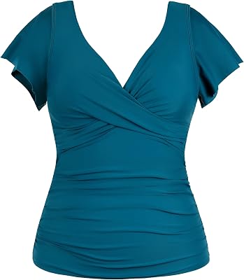 Hilor Womens Underwire Tankini Top Tummy Control Bathing Suits Short Sleeve Tankini Swimsuit Tops Only