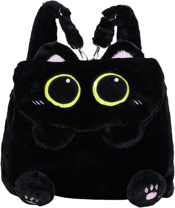 Cute Plush Black Cat Backpack, Plush Cat Bag, Stuffed Animal Backpack, Shoulder Bag Crossbody Bag, Cute Cartoon Bag for Women