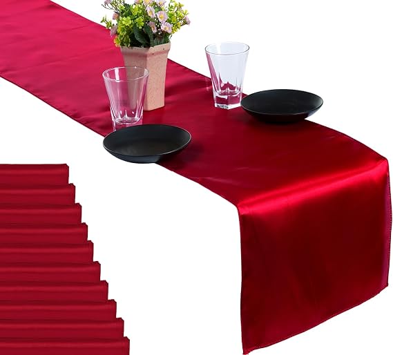 MDS Pack of 5 Satin Table Runners 12 x 108 Inch Long Wedding Sateen Bright Silk Smooth Table Runner for Wedding Reception Birthday Graduation Party Event Banquet Dinner Decoration - Apple Red