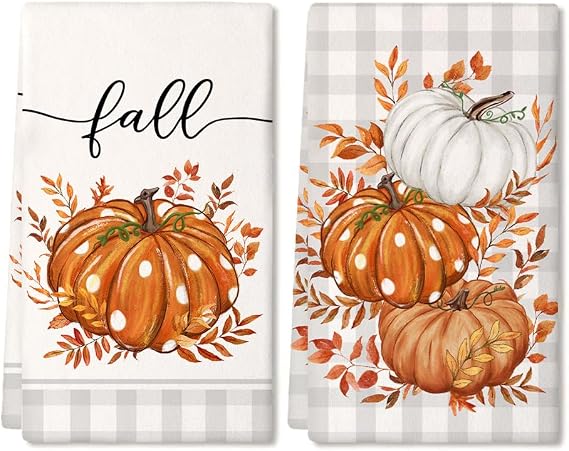 ARKENY Pumpkin Fall Kitchen Towels Set of 2 for Decor Gray Buffalo Plaid