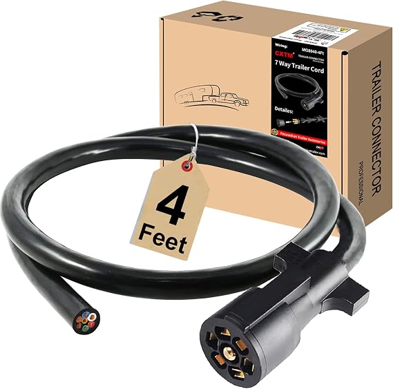 7-Way Trailer Wiring Harness Cable, 4 ft Copper Wire with Molded Plug