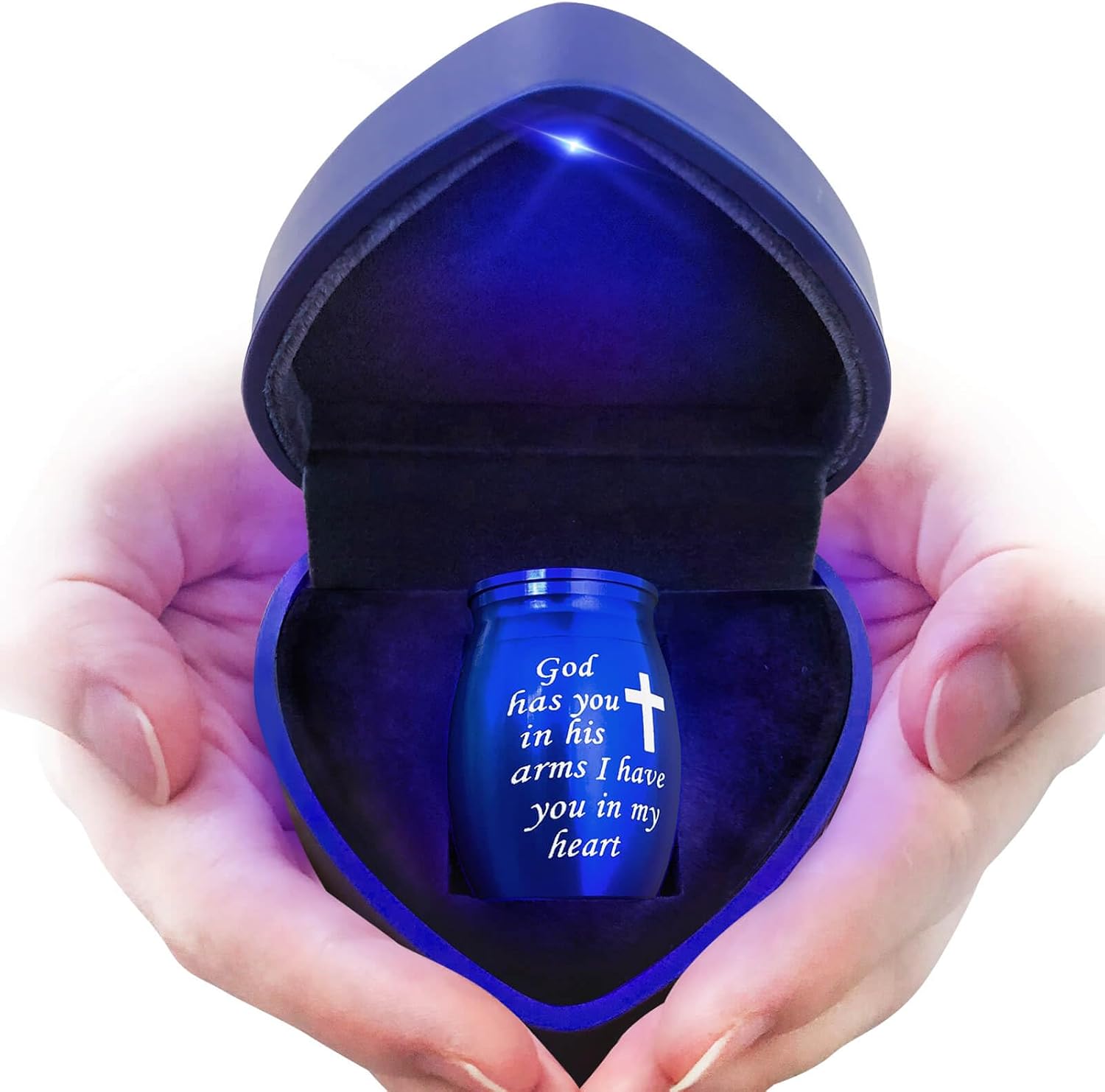 Small Urns for Human Ashes Keepsake, Mini Cremation Urn for Pet Ashes, Sharing Baby Dog Cat Necklace Holder, Tiny Little Memorial Gifts Funeral Urn for Ashes - Heart Shaped Box with Blue Light