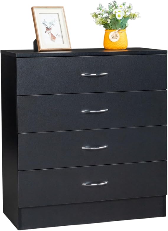 Karl home Black 4 Drawer Nightstand, 25.98 X 13 X 28.7 | Small Size with Storage Drawers, Wood End Table, For Bedroom, Living Room, Home Office, Entryway