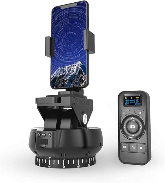 Motorized Pan Tilt Head, Motorized 360° Rotating Panoramic Head for Smartphones/DSLR/Cameras, 2.4G Wireless Professional Pan Tilt with Remote Control and Phone Clip