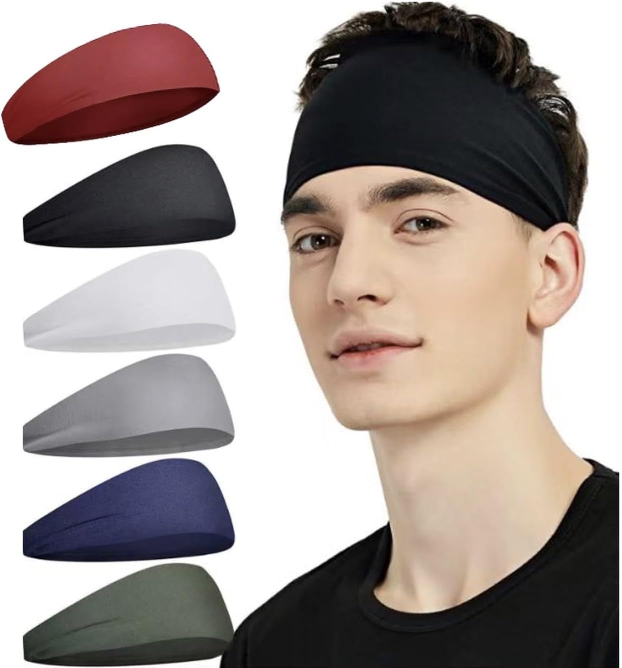 Headbands for Men, 6 Pack， Sweat Bands Head Sports Hair Bands Elastic Head Bands Men Running Gym Accessories Black  White  Grey  Green  Red  Blue