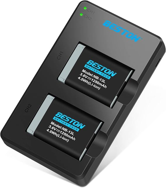 BESTON 2-Pack NB-13L Battery Pack and Rapid USB Charger for Canon PowerShot SX620 HS, SX720 HS, SX730 HS, SX740 HS, G1 X Mark III, G5 X, G7 X, G7 X Mark II, G9 X, G9 X Mark II Cameras