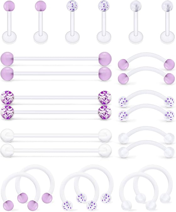 Hoeudjo Clear Cartilage Earring 16G 14G Piercing Retainers 24Pcs Flexible Acrylic Helix Hoop Bioflex Nose Lip Stud Eyebrow Tragus Septum Horseshoe Rings Body Jewelry for Work
