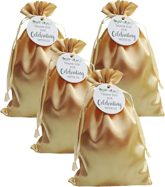 GUFIER 30 PCS Golden Drawstring Gift Bags with Thank You Tags, 6x9 Satin Bags, Silk Jewelry Pouches - Perfect for Birthday, Wedding, Baby Shower Party Favors