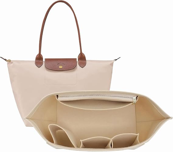 Bag Insert Organizer for Longchamp, Beige Purse Insert Organizer with Zipper, Multi Pocket Felt Handbag Wallet Organizers, Folding Tote Bag Organize (M)