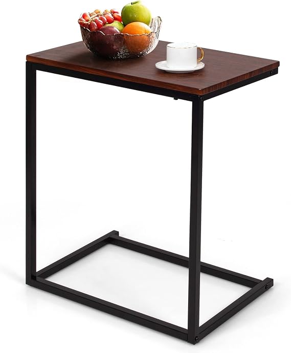 C Shaped End Table 26 Inches High, TV Tray Table, Couch Table for Laptop w/ Metal Frame & Wooden Top, Vintage Small Snack Sofa Side Table for Small Space, Living Room (1, Coffee)