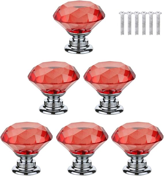 Red Crystals Glass Door Knobs Drawer Knobs Cupboard Knobs Drawer Handles Cupboard Handles Cabinet Pulls (30mm,6pcs)