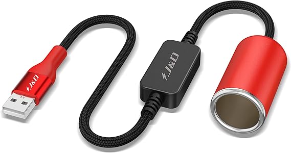 J&D USB A Male to 12V Car Cigarette Lighter Socket Female Converter Cable, 1 ft, 12V 18W Power Adapter, Compatible with Dash Cam, GPS, Car LED Light Strips, Red