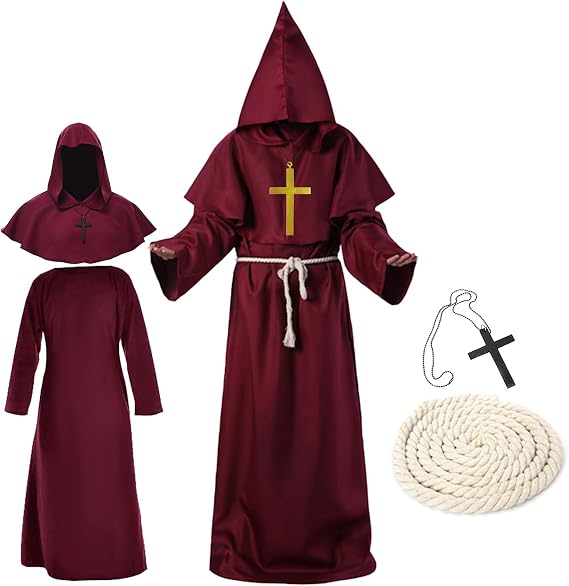 Monk's Costume Priest Costume for Men Robe Medieval Monk Coat Halloween Carnival Fancy Dress Costume with Hood and Rope Belt