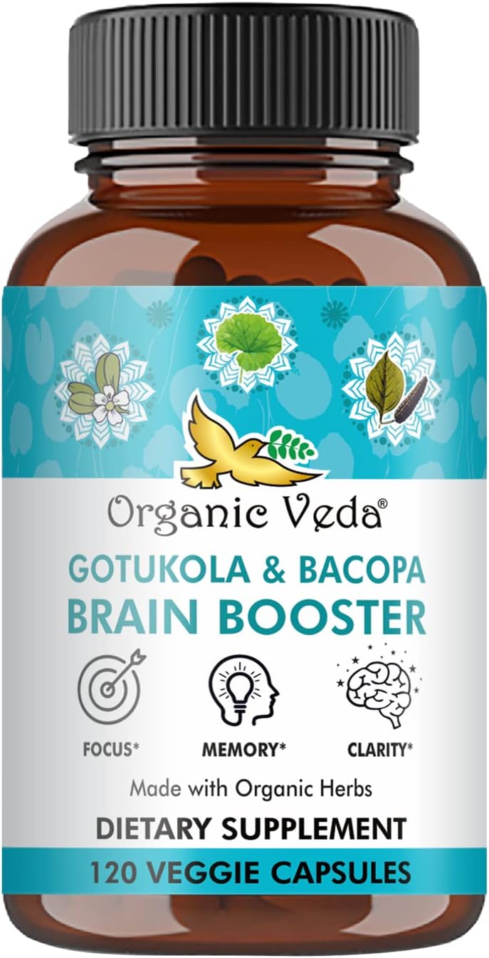 Organic Veda Gotukola Bacopa Capsules, Brain Support Supplement for Focus, Cognitive, Clarity & Energy, 120 Veggie Capsules