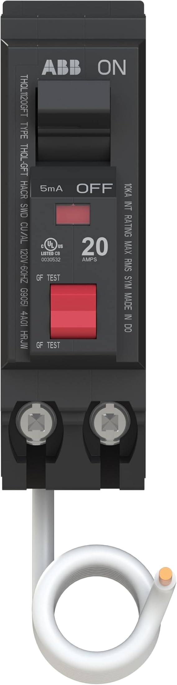 ABB Q-Line THQL1120GFT Ground Fault Circuit Breaker 20 Amp Single-Pole Breaker GFCI Protection 120/240 VAC 10 kAIC Interrupt Rating Plug-On Pigtail Breaker for Load Centers