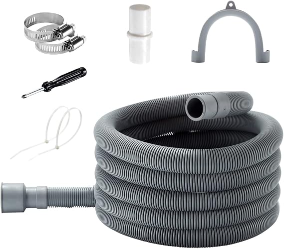 Universal Washing Machine Drain Hose Extension - 6 Ft Washer Discharge Hose - Corrugated and Flexible Washing Machine Drain Hose Replacement with Holder, Extension Adapter and Clamps