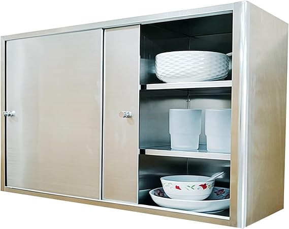 Stainless Steel Storage Cabinet, Silent Sliding Door Wall Mounted Cabinet with Adjustable Layer Board for Kitchen Bathroom Garage Office