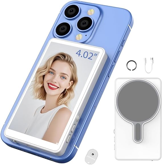 Phone Vlog Selfie Monitor Screen,Magnetic Clip Mobile Phone Wireless Screen Casting Using Back Camera Monitor,Low Latency,Easy Connect,Selfie Vlog Live Stream for TikTok,YouTube,iPhone & Android