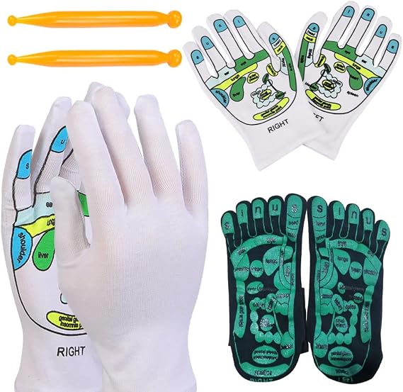 2 Pairs Acupressure Reflexology Gloves Socks Set Reflexology Tools Massage with Point Massager Tools Hand Spa Reflexology Sock Five Toe Separate Socks for Men Women Tired Relieve