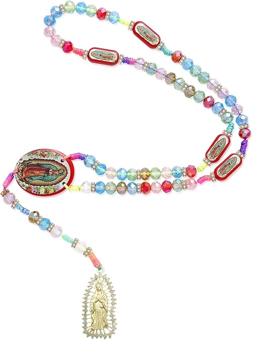 BONITTER Mexican Virgin Mary necklace, Guadalupe Crucifix Wall Cross Rosary Beaded Necklace Saint Jude Protective Blessing Pendant,Catholic Saint Benedict Medal Handmade jewelry Gift for Men Women