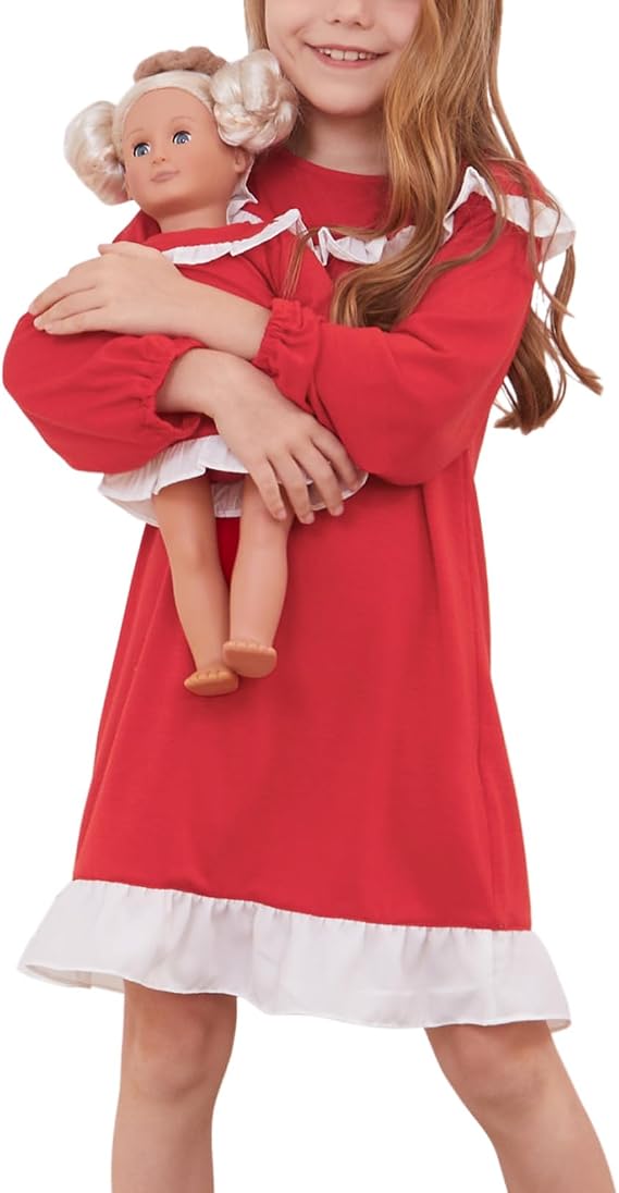 Jxstar Matching Gilrs&Doll Nightgowns Ruffle Trim Long Sleeve Pajamas Sleepwear Night Dresses