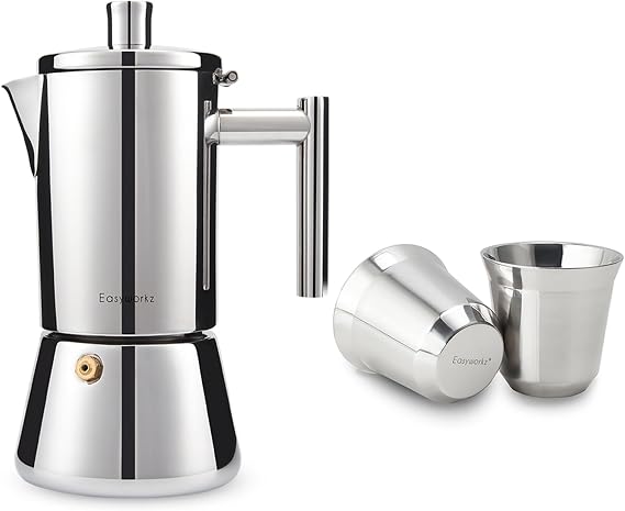 Easyworkz Diego Stovetop Espresso Maker, Bundled With Stainless Steel Espresso Cup 2pcs Set Double Wall Insulated Metal Demitasse Cups