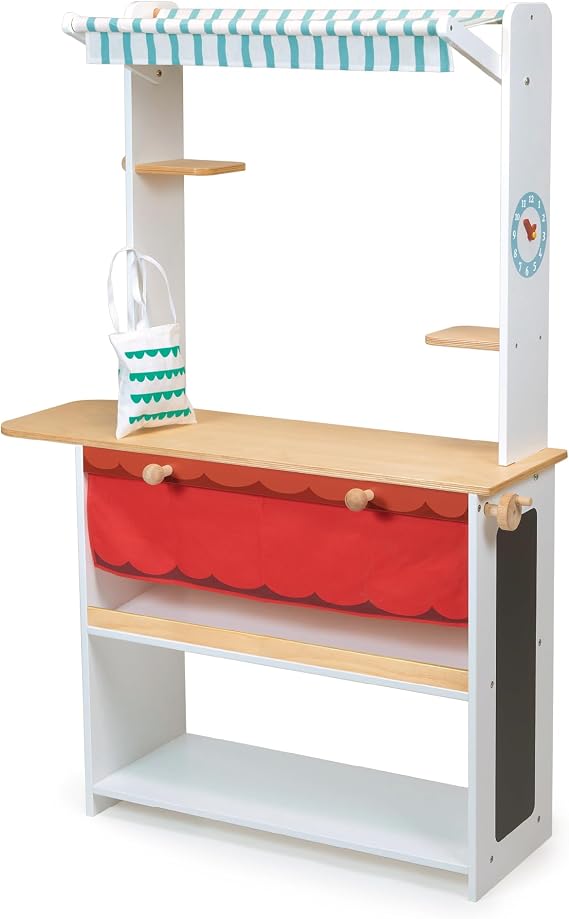 Mentari Toys - Shop Keeper Stand - Wooden Market Stall with Toy Clock, Chalkboard, Wind-Up Curtain & Striped Canopy - Encourages Imaginative Play, Social Skills & Real-Life Learning - Age 3+
