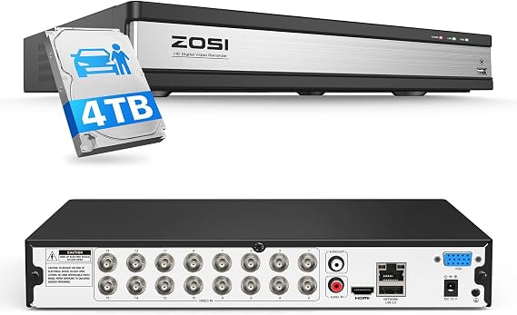 ZOSI 1080P H.265+ 16 Channel Video Security DVR Recorder with AI Human/Vehicle Detection,16CH Hybrid 4-in-1 CCTV DVR with 4TB HDD for Home Surveillance Camera System,Remote Access,24/7 Recording