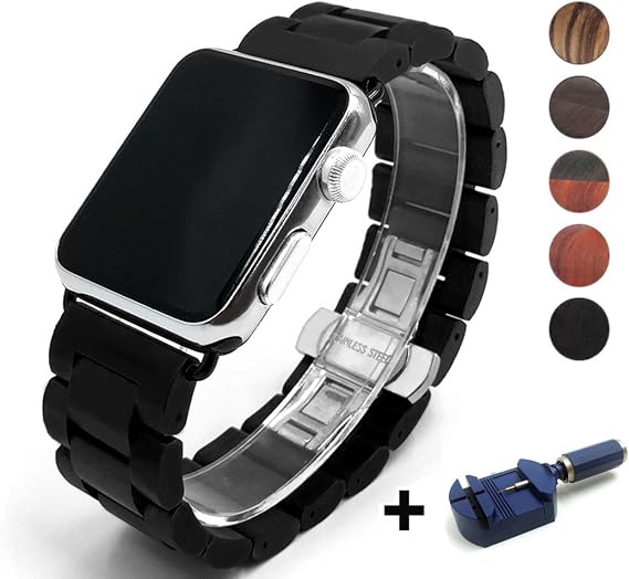 Compatible for Apple Watch Band 41mm 38mm 40mm, Natural Handmade Wooden Replacement iWatch Series 11 10 9 8 7 6 5 4 3 2 1 SE Sports Strap Wristband - Link Remover as a Gift (Black, 41mm/38mm/40mm