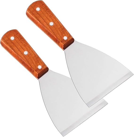 Premium Stainless Steel Slant Edge Grill Scrapers Wood Handle for Barbecue Cooking 2 Pack