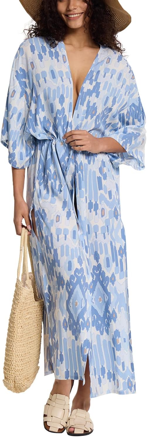 Women's Long Kimono Swimsuit Coverups Open Front Casual Loose Beach Cover Up Cardigans for Swimwear (Light Blue Boho