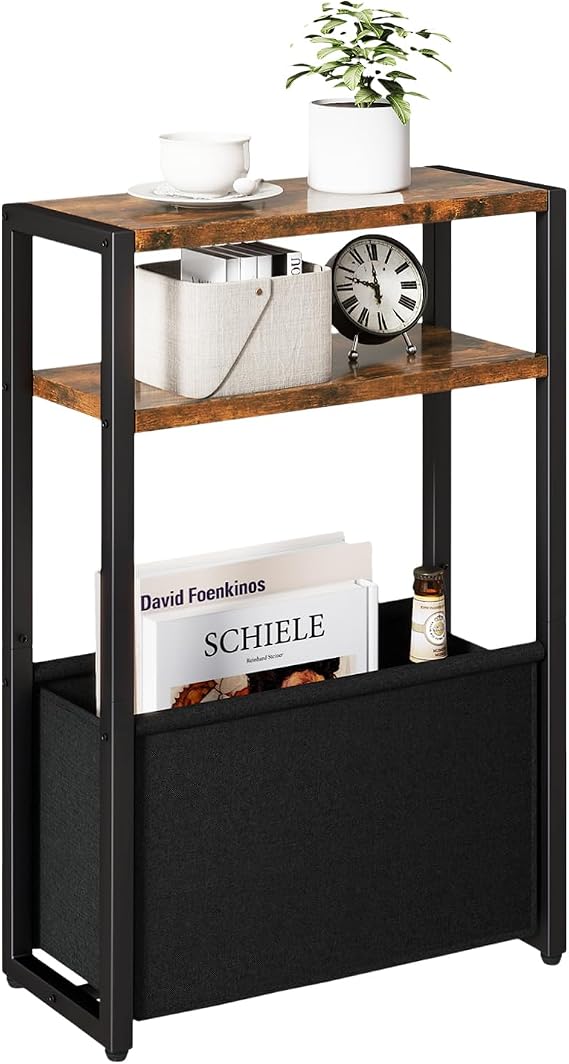 IBUYKE Narrow Side Table,Slim End Table with Fabric Basket,Brown TMZ009H