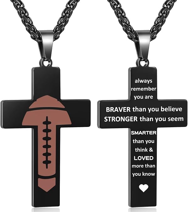 Football Cross Necklace for Men, Bible Verse Pendant Gifts for Birthday Christmas, Baptism Christian Religious Football Accessories Stuff Gifts