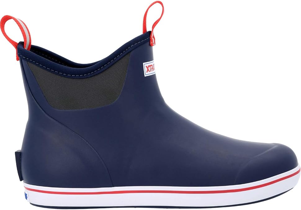 Xtratuf Men's Fishing Rain Watertight Anglers Rubber Chevron Pull Tabs Ankle Deck Boots, Navy & Red, 8