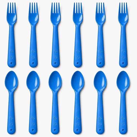 12 Pcs Kids Forks and Spoons, Plastic Kids Utensils Set, Blue