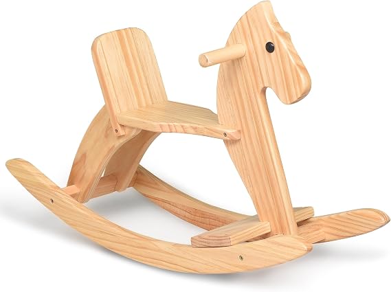 Wooden Rocking Horse for Kids, Toddler Ride-on Toys with Safety Foot Pedal | Classic design with natural rocker, wide pedal, secure backrest, and handrail - fine wood craftsmanship