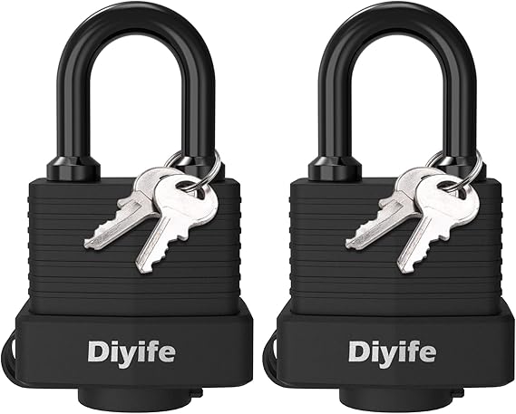 Padlock with Key, [2 Pack] [4 Keys] Diyife Padlock Waterproof Lock Key Padlocks 40mm Heavy Duty Padlocks Anticut, Oustside Laminated Steel for Gym Locker, Garage, Fence, Shed, Yard,Outdoor & Indoor