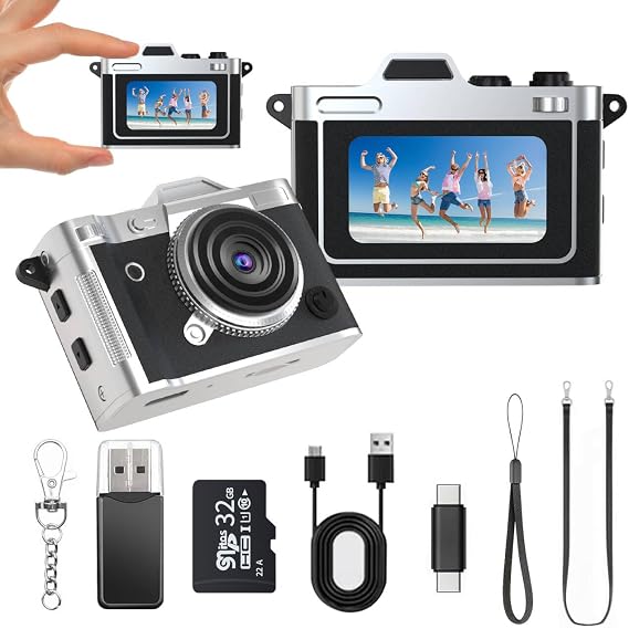 Mini Keychain Camera - 2K FHD Tiny Retro Digital Camera with 32GB Card, 1.47" Screen & OTG Adapter, Vintage Compact Micro Pocket Birthday Gift for Kids,Beginners,Travel,Party (Black)