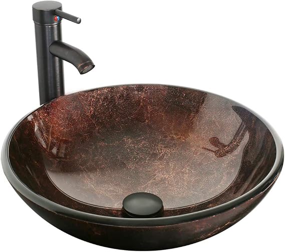 eclife 16.5" Bathroom Vessel Sink Modern Artistic Single Brown Round Tempered Glass Basin Countertop Bowl Sink for Lavatory Vanity Cabinet, W/Water Save Faucet Pop Up Drain (A09)