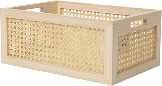 Rattan Storage Basket Wooden Box Wooden Storage Bins Rustic Boho Farmhouse Home Decor Tabletop Desk Shelf Organizer (Original)