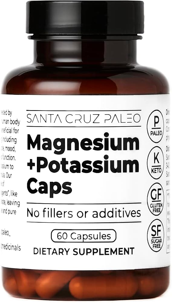 Santa Cruz Paleo Magnesium + Potassium Caps, Supplement for Men and Women, Paleo, Keto, Sugar & Gluten Free, Magnesium Glycinate 166mg and Potassium Citrate 38mg per Serving, American Made, 60 Caps