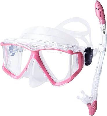 Professional Adult Snorkel Mask with Pano 4 Tempered Glass Lens Scuba Diving Mask, Anti-Fog Swim Mask Anti-Leak Swim Goggles with Nose Cover Scuba Diving & Snorkeling Gear for Men Women