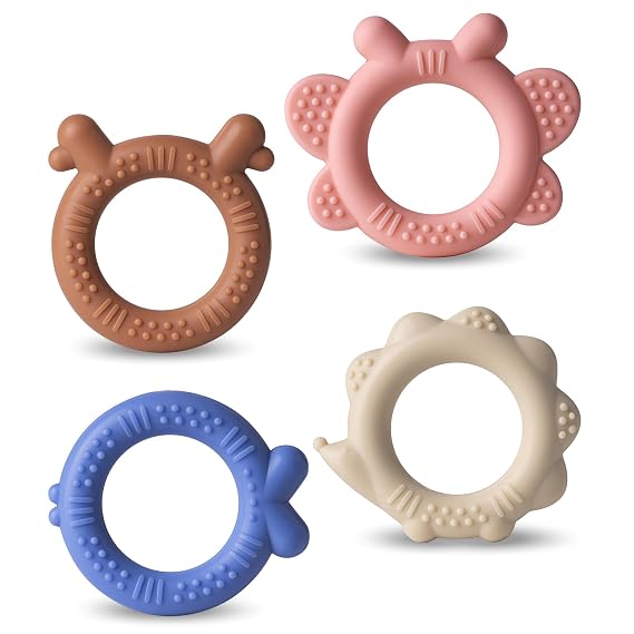 NCVI 4 Pack Silicone Teething Rings Set for Babies 0-6 Months, Baby Teething Toys with Ridges, Small Teethers for Infant 6-12 Months, BPA-Free Teething Relief Baby Chew Toys