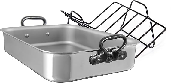 Mauviel M'Cook CI 5-Ply Stainless Steel Roasting Pan With Rack and Cast Iron Handles, 15.7 x 11.8-in, Made In France
