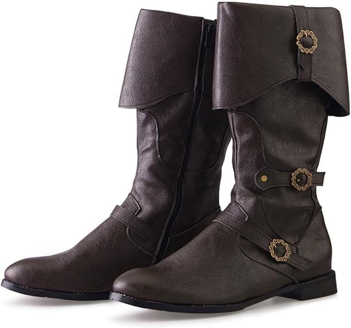 Medieval Pirate Boots for Men, Renaissance Steampunk Pirate Boots Covers Cosplay Accessories, Mid Calf Gothic Halloween Viking Costume Button Leather Shoes