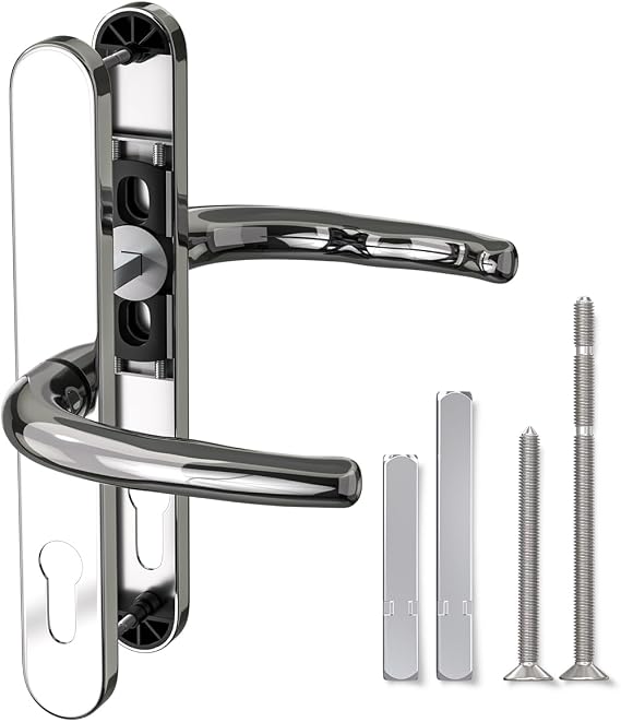 Bwintech 1 Pcs Polished Chrome Stainless Steel UPVC Door Handle,Lever/Lever Split Offset 60 and 92mm Backset,211mm Screw Hole Distance, 243mm Plate Length Front Door Handles for UPVC Door