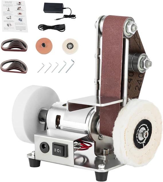 Mini Belt Sander, Electric Bench Grinder Sanding Machine with 7 Adjustable Speed, Low Noise Bench Grinder with 20*Belts for Diy Craft Wood Stained Glass Jewelry Making