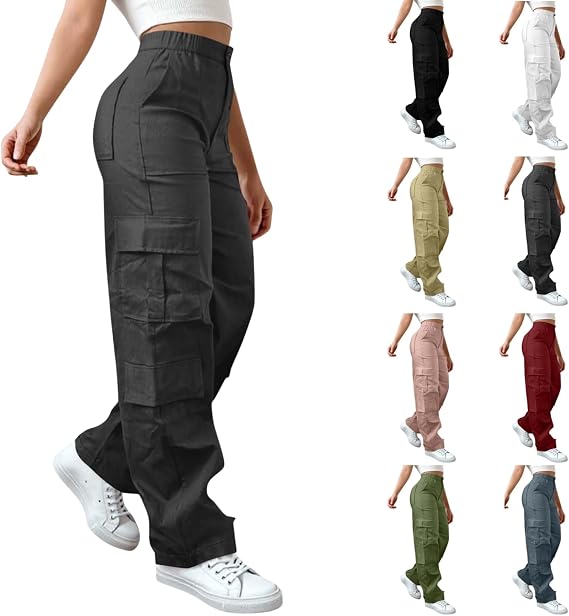 Cargo Pants for Women High Waisted Hiking Pants Baggy Stretchy Wide Leg Y2K Streetwear with 6 Pockets